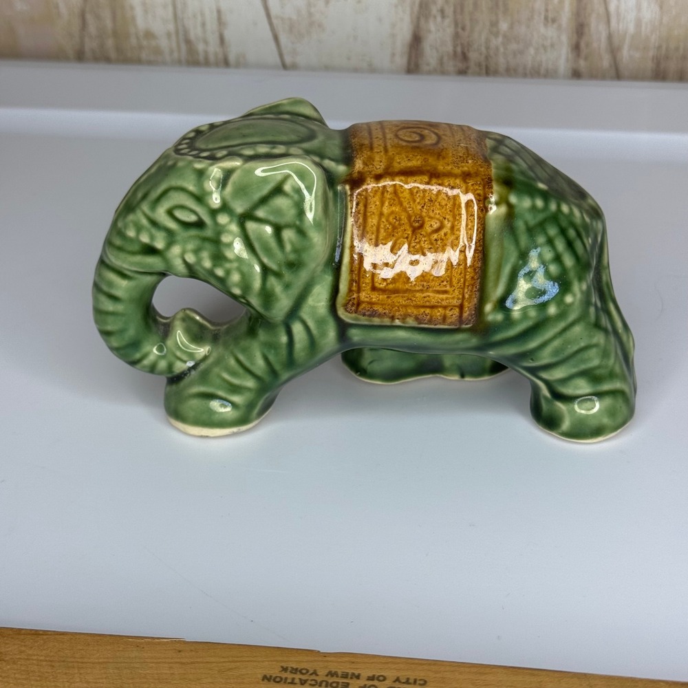 Vintage Ceramic Green Elephant Figurine Decor Glossy MCM